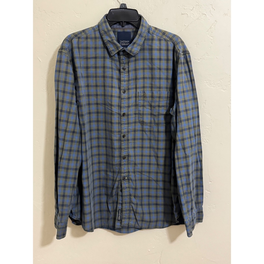 indian terrain l blue green plaid check button down shirt authentic jeanswear